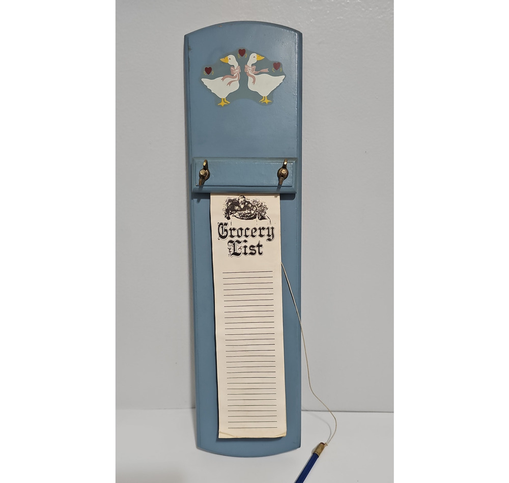 Vintage Country Goose Blue Wooden Wall Hanging Grocery List Holder Cottagecore